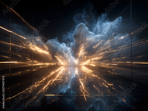 Futuristic Digital Abstract with Dynamic Light Streaks and Cloud Reflection