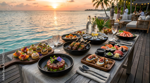 Luxury dinner table set with gourmet food dishes overlooking the tropical ocean at sunset on a wooden deck