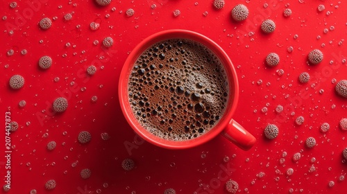 Top view of red cup of hot coffee with creamy foam and bubbles on vibrant red background, minimal monochrome beverage concept for café menu, packaging design, poster, invitation card, branding and cop