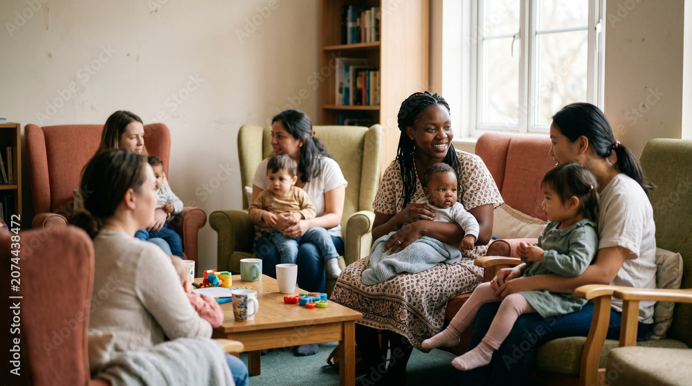 Obraz premium Group of women socializing while caring for babies in cozy interior 
