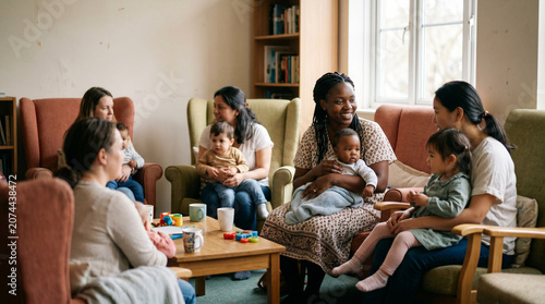 Group of women socializing while caring for babies in cozy interior  