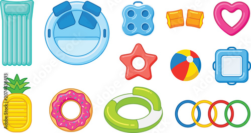 Obraz na płótnie Inflatable Pool Float Vector Set Featuring Air Mattresses, Swim Rings, Arm Bands