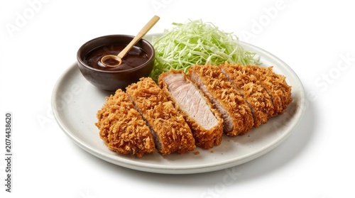 Traditional japanese tonkatsu deep fried pork cutlet with cabbage and sauce