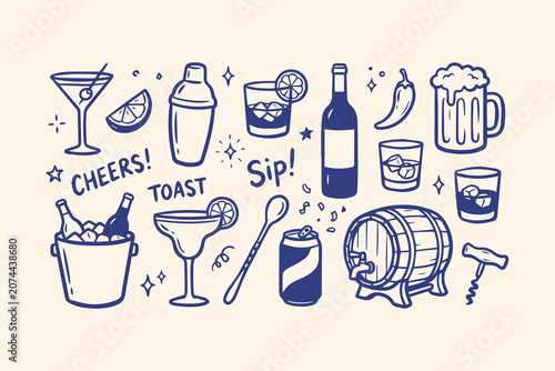 Hand drawn doodle set of alcoholic drinks cocktails beer bottles and bar accessories in blue ink on light background Vector, illustration