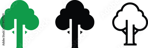Tree and nature ecology icon set in flat color, silhouette, and outline styles