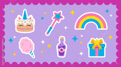 Obraz na płótnie A colorful illustration of whimsical stickers featuring a birthday cake, wand, rainbow, lollipop, potion, and gift on a purple background with stars