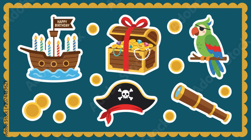Slika na platnu Pirates discover treasure on a ship with a parrot and a map in a tropical sea
