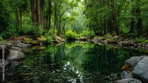 Vibrant green forest frames a crystal clear pond with tree reflections. Ideal for projects on nature, environment, peace, or outdoor escapes.