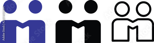 Two users profile and team icon set in flat color, silhouette, and outline styles