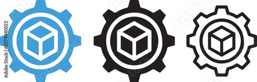 3D modeling and engineering gear icon set in flat color, silhouette, and line styles
