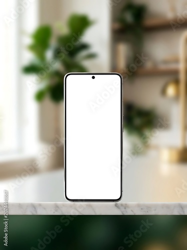 Smartphone device with blank screen on marble countertop in modern home interior