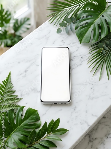 Smartphone with blank screen on marble table surrounded by green tropical leaves