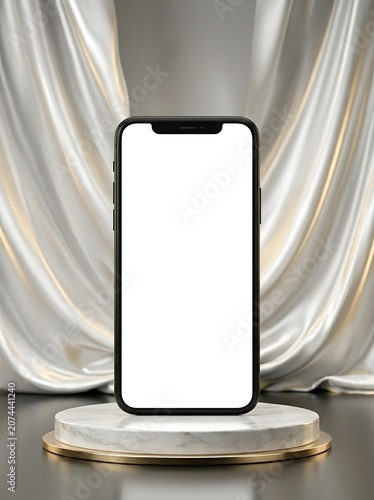 Smartphone with blank screen on marble podium with gold base in front of white fabric