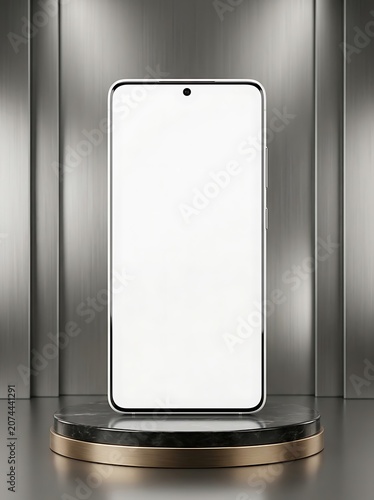 Smartphone with blank screen on round stand in front of metal wall