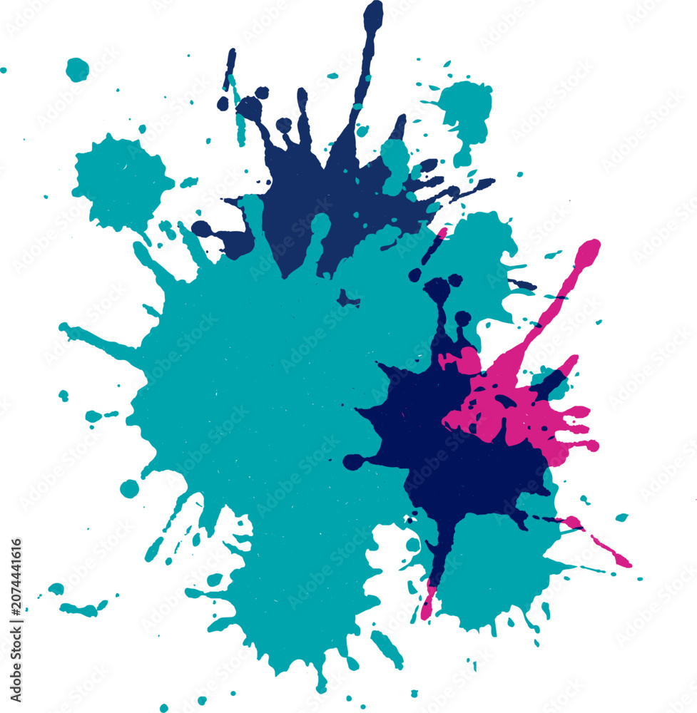 Fototapeta premium Vibrant abstract teal navy blue and pink paint splash background with artistic ink splatters on white for creative design projects. 