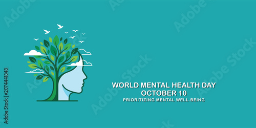 World Mental Health Day with tree growing from head and birds flying. 
