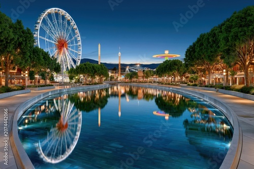 Nighttime amusement park with illuminated Ferris wheel reflected in calm waterfront promenade