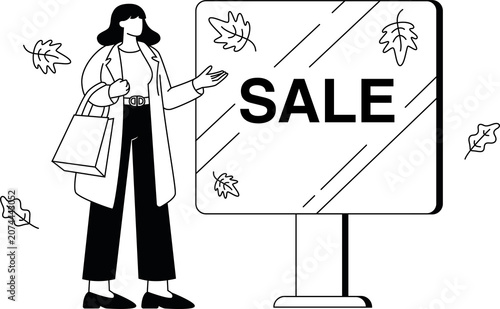Woman Standing Near Sale Billboard Linear Black and White Vector Illustration