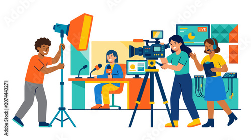 News Production Crew Filming Broadcast in Studio with Camera and Lighting
