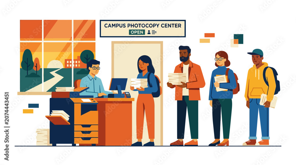 Naklejka premium Students Queue at Campus Photocopy Center for Printing and Copying Services