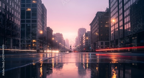 City street at dusk with light trails and reflections
