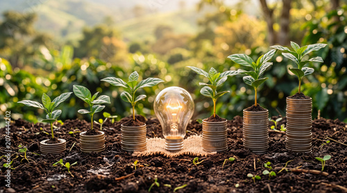 Business growth and financial investment concept with young plants growing on silver coin stacks beside glowing light bulb on fertile soil
