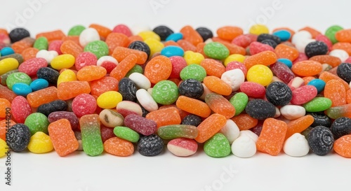 A vibrant, lengthy mound of assorted Halloween confections creating a massive colorful pile of sugary sweets isolated on a clean white surface, candy, variety, black