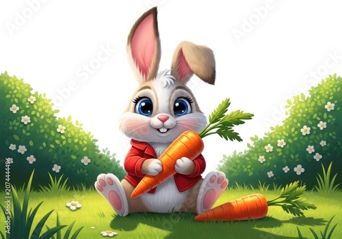 A cute cartoon rabbit sitting in a garden holding a large carrot and wearing a red shirt on a sunny day with flowers and grass around