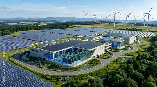Large modern office building with solar panels and wind turbines  renewable energy facility