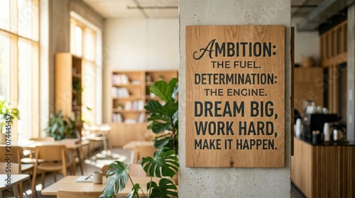 Inspirational Quote Sign in a Modern Cafe Interior with Natural Light and Green Plants.