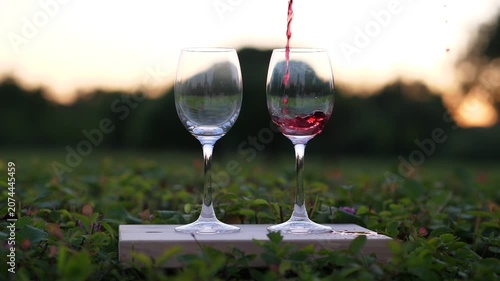 Drops of red wine fall near and thin trickle of drink run down into glass, evening nature area, blurred background. One of two wineglasses begin filled with claret colored light alcohol, slow motion