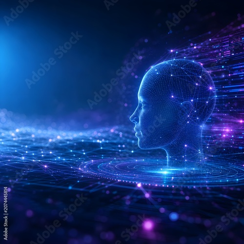 Futuristic Artificial Intelligence Digital Human Head with Neural Network and Glowing Data Connections on Blue Technology Background. 