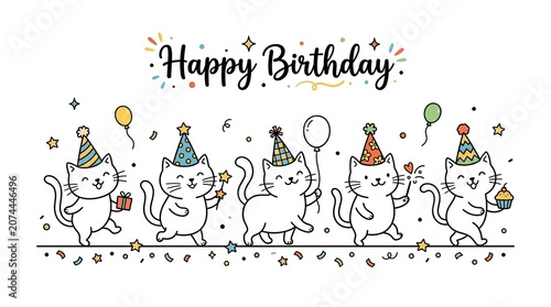 Five cute white cartoon kittens wearing colorful party hats and holding various festive items to celebrate a happy birthday in this fun and whimsical illustration