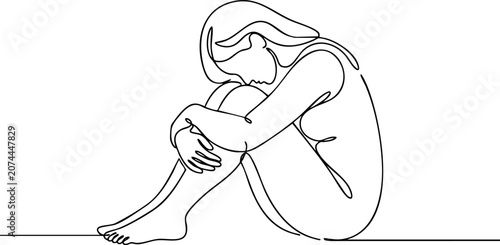Photography Sad woman sitting alone concept single line drawing with depressed solitude emot