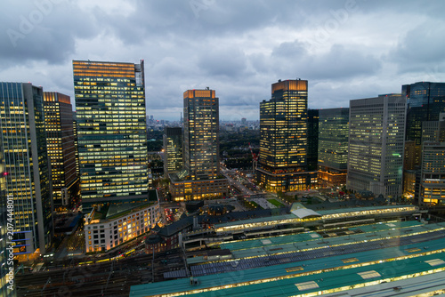 Tokyo evening cityscape, Evening View of Tokyo Business District and Illuminated Skyline Around Tokyo Station