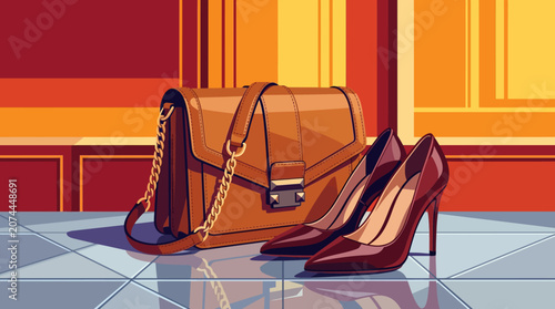 Stylish women's leather shoulder bag and pointed toe heels combination with elegant luxury design