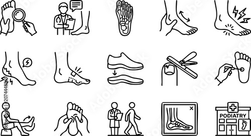 Фотография Podiatry medical care and foot health examination line icon set with podiatry ex