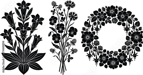 Solid black wildflower wreath silhouette vector set with symmetrical bellflower and pansy bouquet