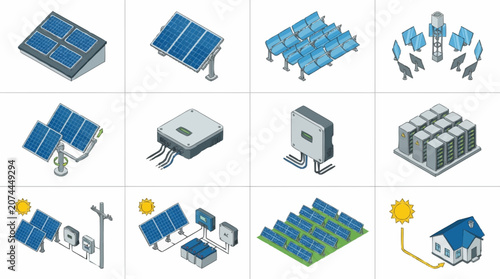 Photos Solar energy technology and renewable power systems icons.
