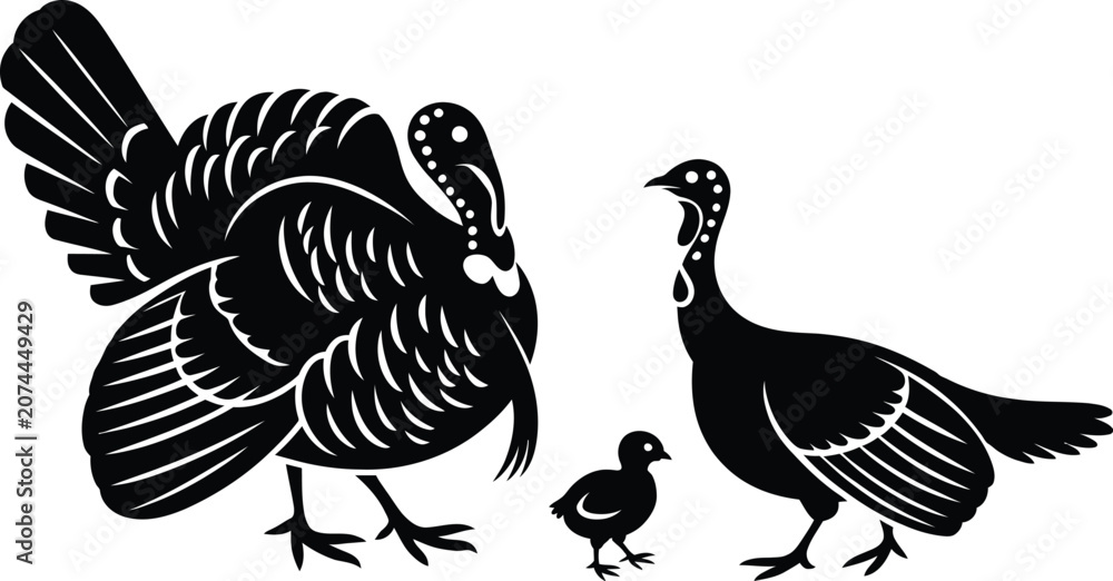Fototapeta premium Turkey Family Silhouette Vector Illustration Featuring Adult Birds and Chick Isolated on White Background for Farm Poultry Wildlife Design