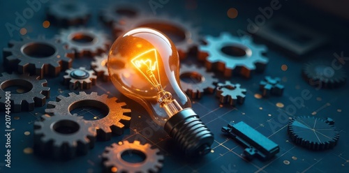 A light bulb surrounded by gears and graphs, symbolizing innovation and ideas for business and technology concepts, success, business