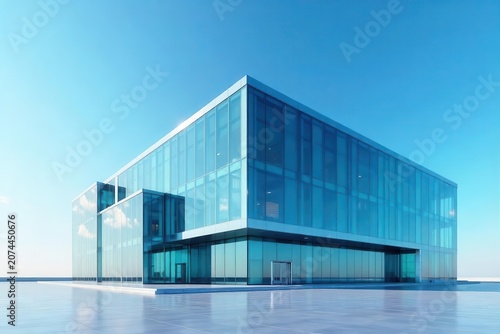 A modern glass building with a stunning clear blue sky background, showcasing sleek architecture and futuristic design , corporate, background