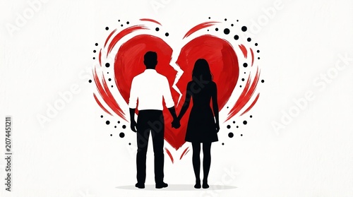 Silhouette of a young couple standing together holding hands in front of a large painted red broken heart symbol representing relationship troubles and emotional separation
