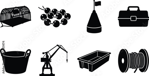 Photos Black silhouette icons of fishing gear, dockside crane, buoys, toolbox, rope spo