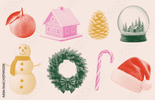 Set of retro halftone Christmas elements. Grainy textured snowman, gingerbread house, wreath, snowglobe, santa hat, mandarin, pine cone, and candy cane in a vintage style. 
