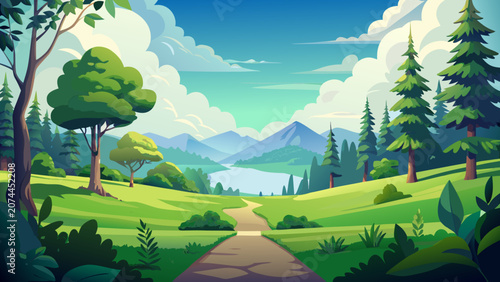 Schilderij op canvas vector, landscape, nature, illustration, grass, lawn, turf, greenery, meadow, su