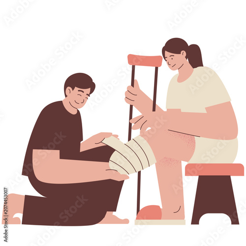 Patient Rehabilitation and Home Care Assistance checking foot bandage Illustration