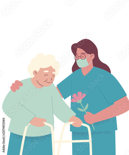 Caregiver Assisting Elderly Person at Home Flat Vector Illustration