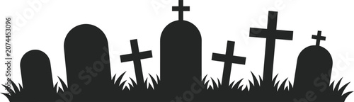 Tableau sur toile Black silhouettes of tombstones and crosses on white background