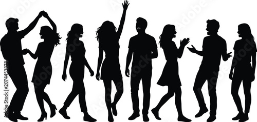 Foto Black silhouettes of people dancing and socializing